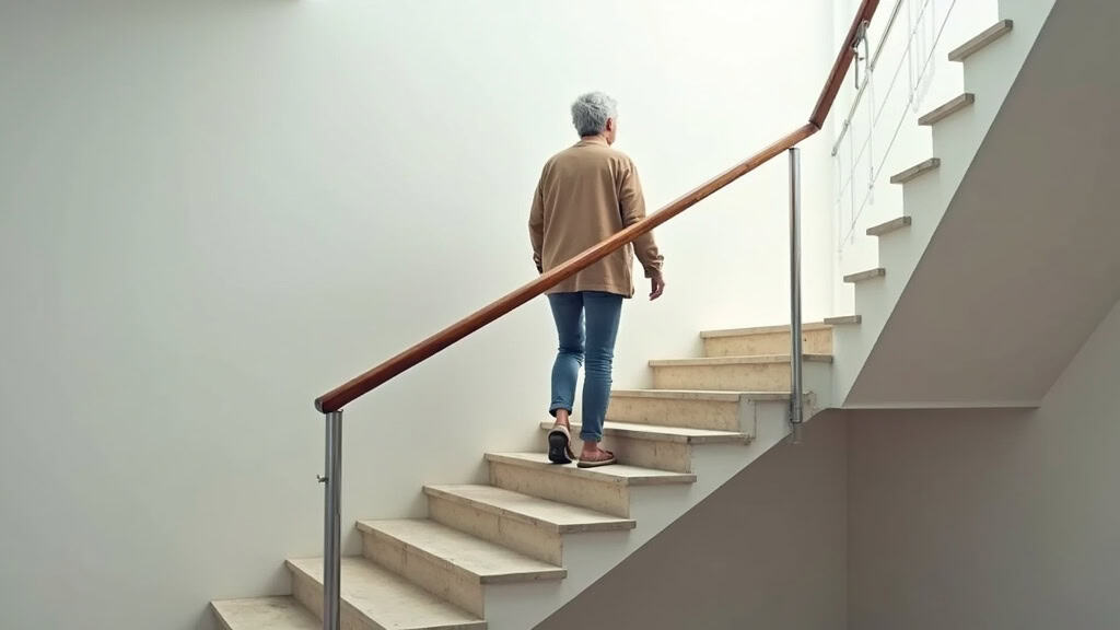 Personne âgée utilisant un monte-escalier droit pour monter tranquillement les marches d