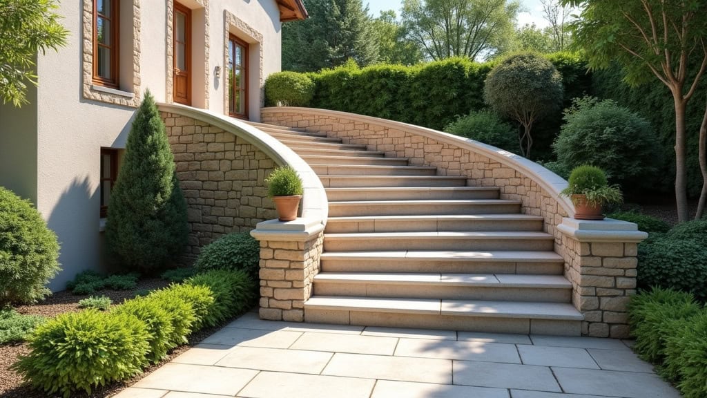 Monte-escalier installé sur un escalier extérieur en pierre à Bischwiller, avec vue sur jardin et maison traditionnelle d