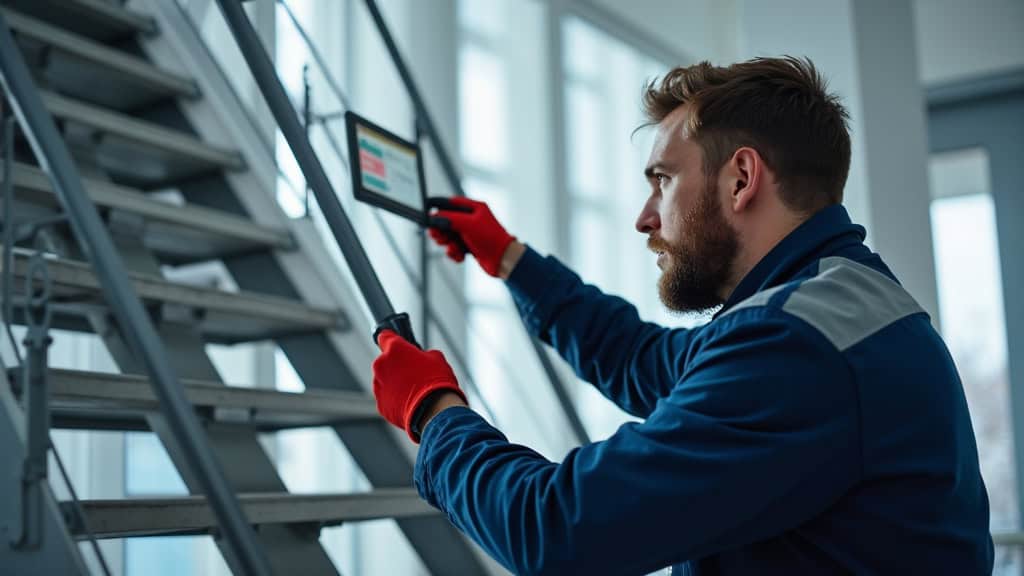 Technicien effectuant une maintenance annuelle sur un monte-escalier tournant à Blan, avec outils de contrôle et tableau de diagnostic visible