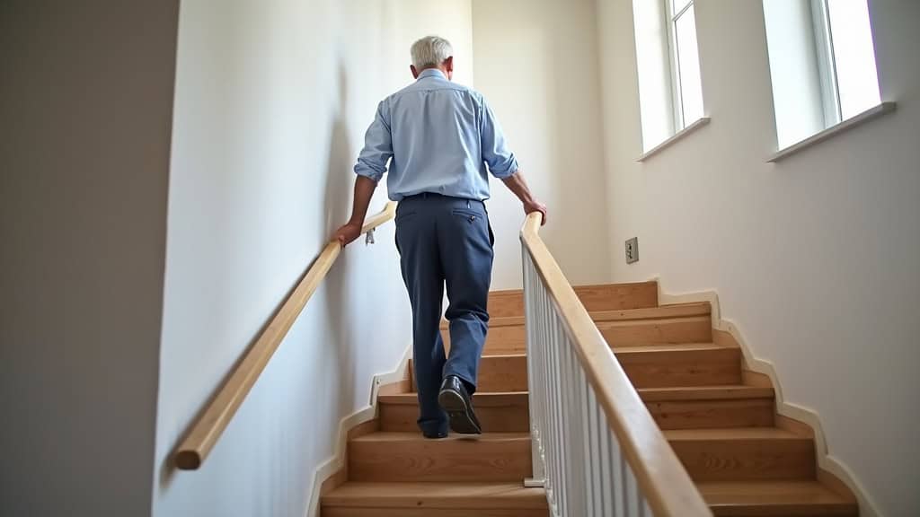Monte-escalier droit installé dans une maison de Blangy-sur-Bresle, avec un homme âgé utilisant l
