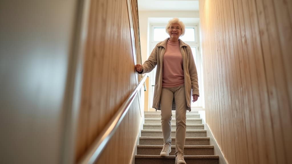 Personne âgée utilisant un monte-escalier dans un intérieur chaleureux de Blangy-sur-Bresle, souriante et en sécurité
