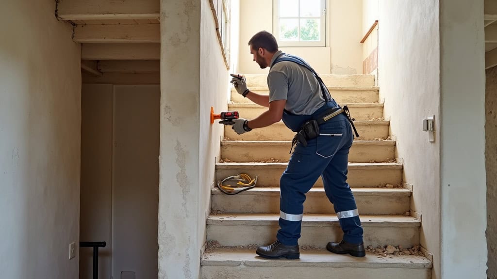 Technicien installant un monte-escalier droit sur un escalier en pierre à Blaye, avec outils légers et protection au sol