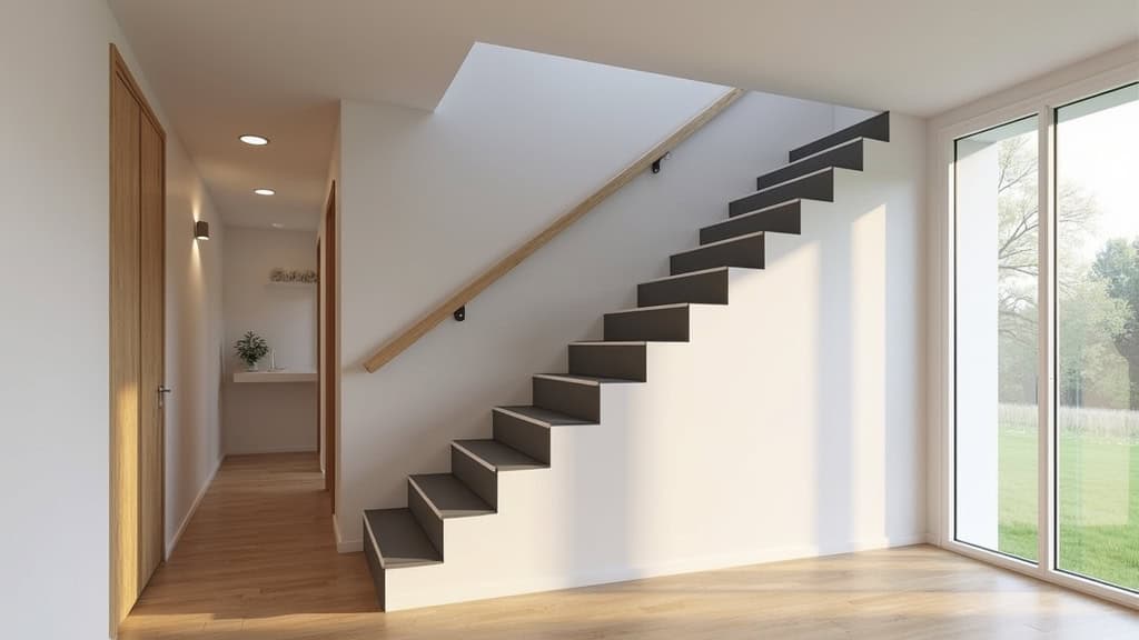 Monte-escalier intégré dans une maison de Bobital avec escalier en bois clair, siège gris foncé et rail discret, dans une pièce lumineuse avec rideaux