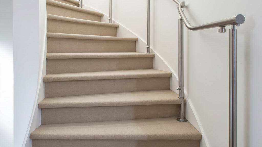 Monte-escalier tournant installé sur un escalier avec palier, dans une maison ancienne à Le Bois-Plage-en-Ré, rail courbé en aluminium satiné, siège en tissu beige