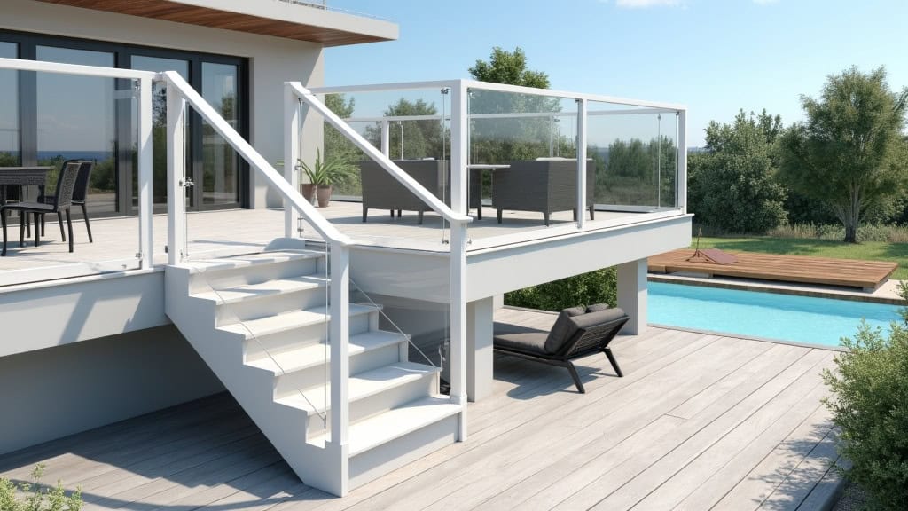 Monte-escalier extérieur en aluminium anodisé installé sur une terrasse à Le Bois-Plage-en-Ré, avec rail blanc, siège noir, accès direct au jardin et à la plage