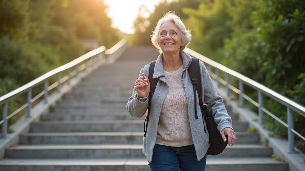 Personne âgée utilisant un monte-escalier droit à Bonrepos-sur-Aussonnelle, souriante, en train de monter les marches avec sécurité