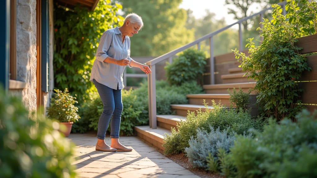 Personne âgée utilisant un monte-escalier extérieur pour accéder à son jardin à Bosmie-l