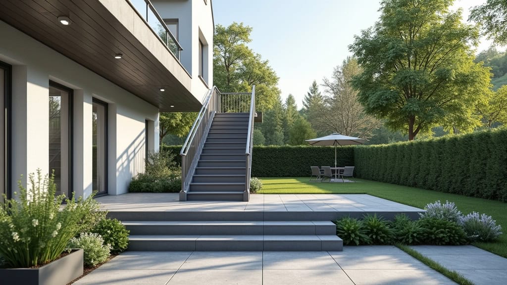 Monte-escalier extérieur installé sur un escalier de jardin à Bourbon-Lancy, en aluminium anodisé, avec siège pliant et rail adapté aux intempéries