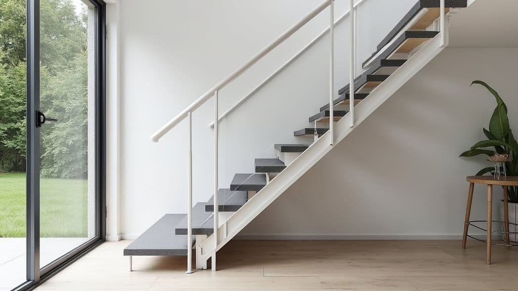 Monte-escalier droit installé dans une maison traditionnelle de Bourlon, avec rail en aluminium clair et siège en tissu gris, intégré discrètement à l