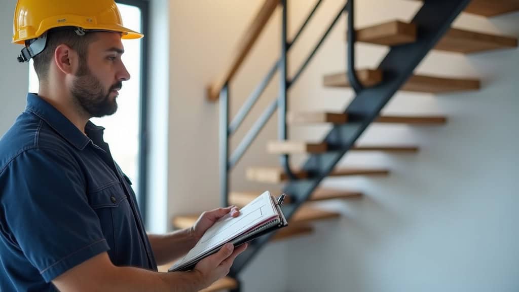 Installateur professionnel en tenue technique mesurant un escalier à Bouvigny-Boyeffles, avec un appareil laser et un carnet de notes
