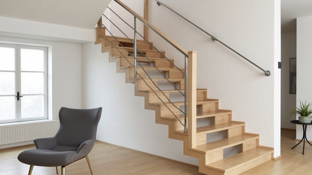 Monte-escalier droit installé sur un escalier en bois dans une maison à Bouvigny-Boyeffles, avec siège en tissu gris et rail en aluminium