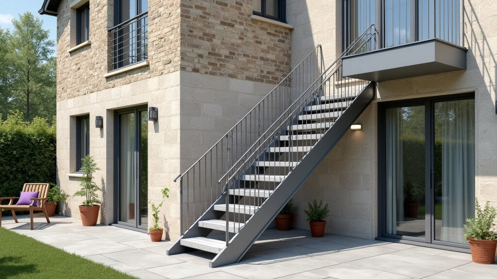 Monte-escalier extérieur en acier inoxydable installé sur un escalier menant à l’entrée d’une maison en pierre à Bozouls, avec un siège bleu et un toit de protection