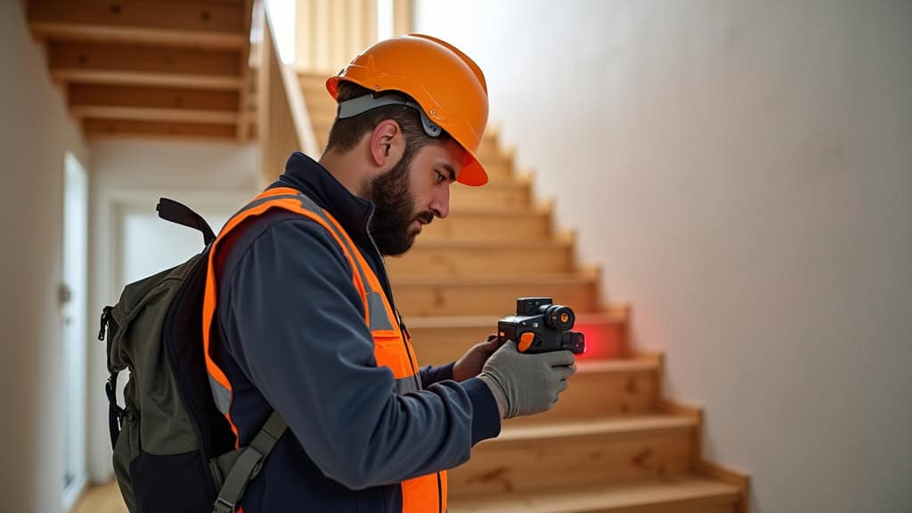 Technicien en train de mesurer un escalier en bois à Brains avec un outil laser, en compagnie d