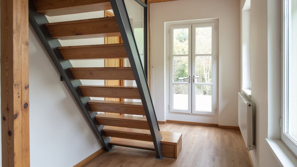 Monte-escalier assis en acier et aluminium installé sur un escalier en bois dans une maison typique de Brassac-les-Mines