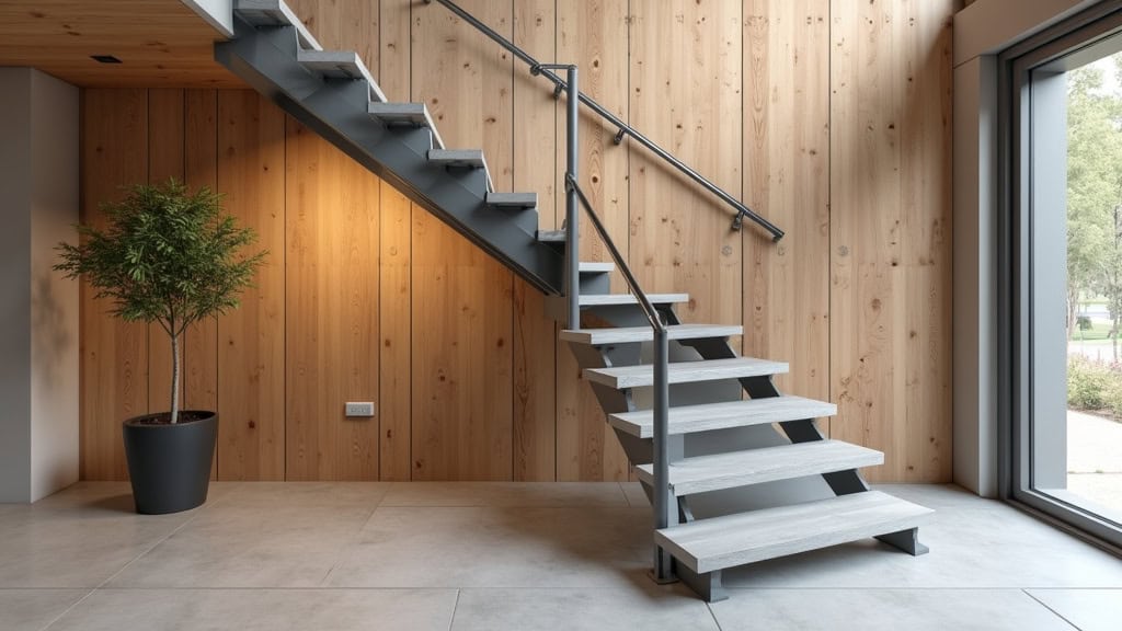Monte-escalier tournant en aluminium gris installé dans un couloir en bois à Bréal-sous-Montfort, avec un siège ergonomique et un rail discret