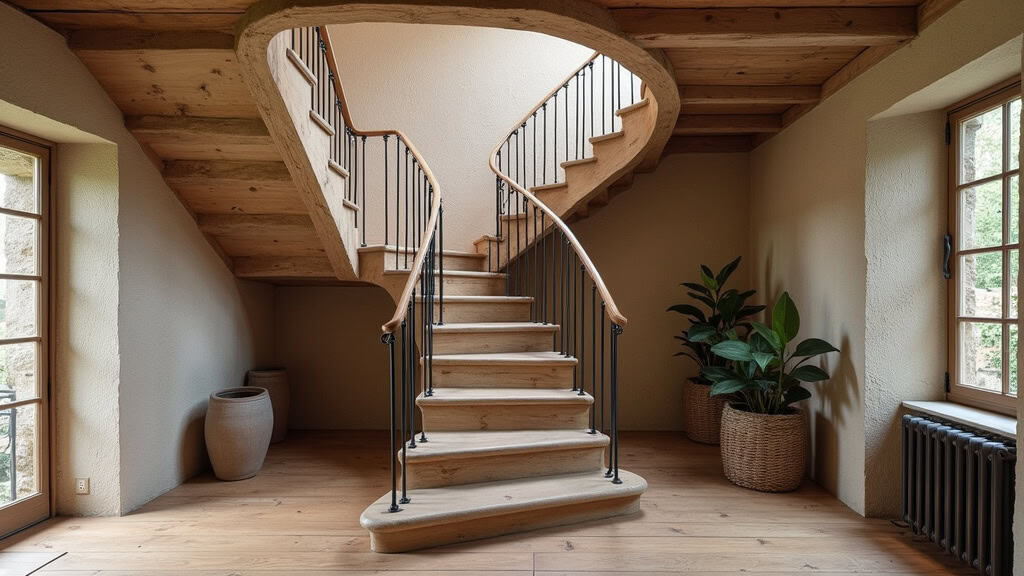 Monte-escalier tournant installé dans une maison ancienne de Bréhal, avec un rail qui suit les virages de l