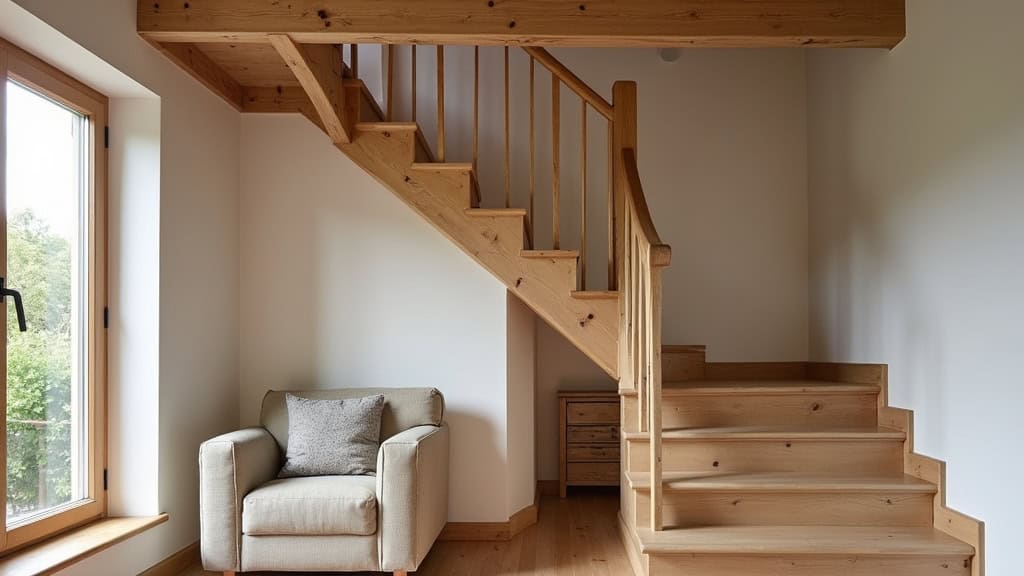 Monte-escalier tournant installé dans un escalier en bois avec palier intérieur dans une maison de Bretagne-de-Marsan