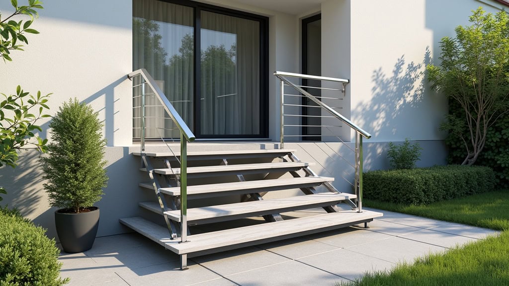 Monte-escalier extérieur installé sur une entrée de maison à Bretenoux, avec rail étanche et siège en aluminium, adapté aux conditions météorologiques du Lot