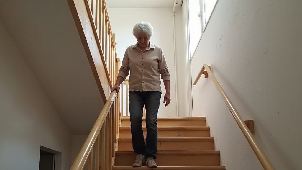 Madame Dubois, 78 ans, à Bretoncelles, utilisant son monte-escalier pour accéder à son étage après son installation