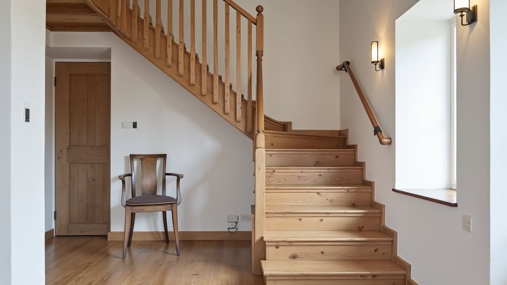 Monte-escalier droit installé sur un escalier en bois dans une maison traditionnelle à Briennon, avec siège ergonomique et rail discret