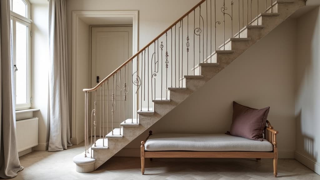 Monte-escalier tournant installé sur un escalier en colimaçon dans une maison ancienne à Briennon, avec siège en tissu et rail personnalisé