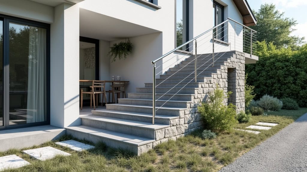 Monte-escalier extérieur en acier inoxydable installé sur un escalier en pierre à l
