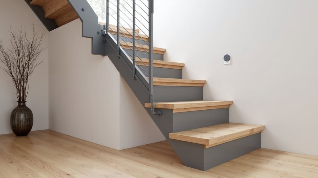 Monte-escalier tournant en aluminium gris intégré dans un escalier en bois dans une maison traditionnelle de Bussières, avec plugin mural discret