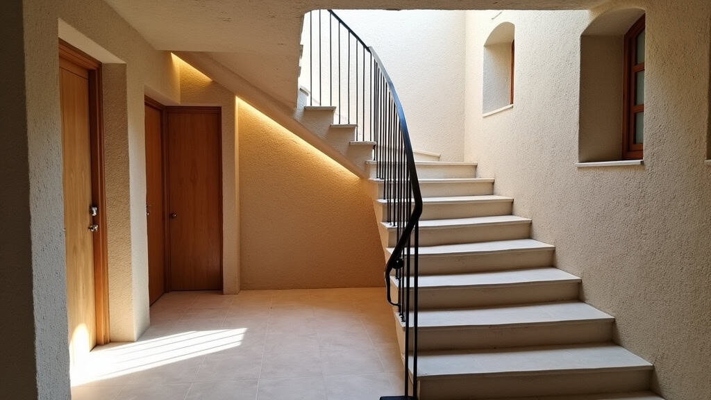 Monte-escalier droit en acier inoxydable installé dans un escalier intérieur en pierre de Calvi, avec boiseries et lumière naturelle