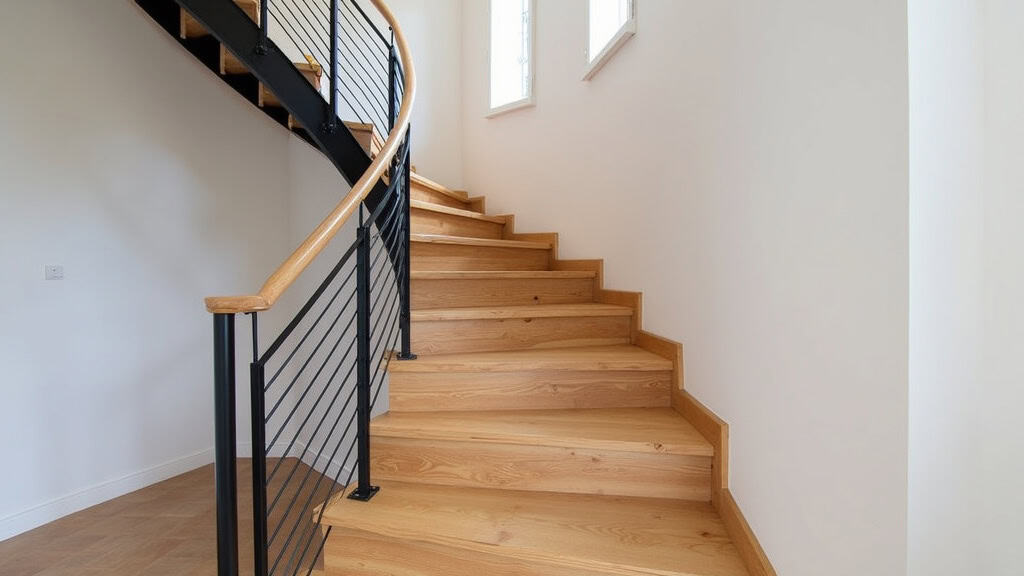 Monte-escalier droit installé dans une maison traditionnelle de Camarsac, avec escalier en bois et rail discret en aluminium noir