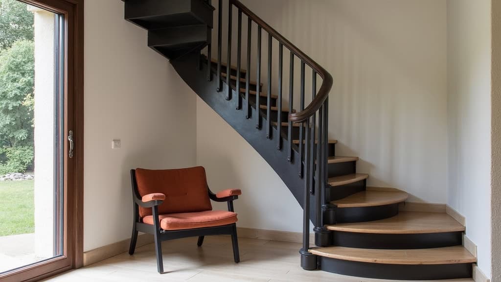 Fauteuil monte-escalier en bois et noir, installé dans un escalier de maison traditionnelle à Camblanes-et-Meynac, intégré discrètement au décor