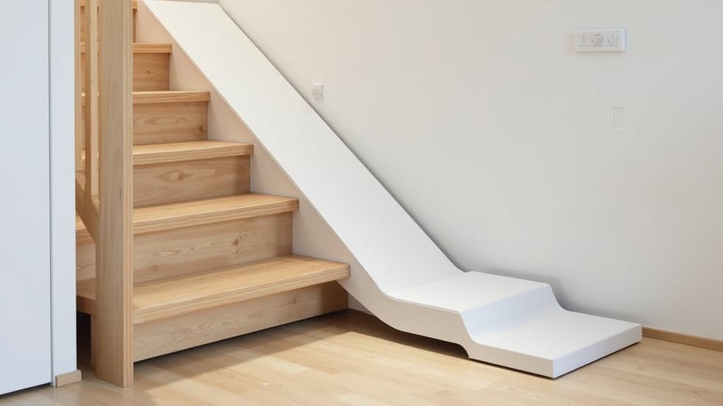Monte-escalier droit installé dans un escalier intérieur en bois à Camopi, avec siège ergonomique et rampe blanche