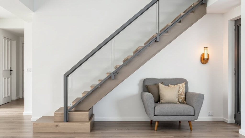 Monte-escalier droit installé dans un escalier intérieur à Canet-en-Roussillon, avec siège en gris et rail discret intégré à la rampe