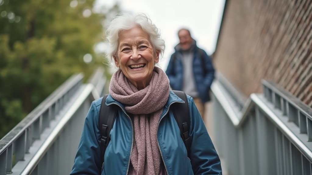 Personne âgée souriante utilisant un monte-escalier à Cappelle-Brouck, en train de monter les marches avec calme et confiance