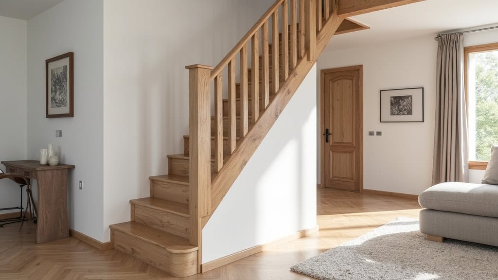 Monte-escalier courbe installé sur un escalier en bois avec virage, dans une maison provençale de Carnoules, intégré harmonieusement au décor
