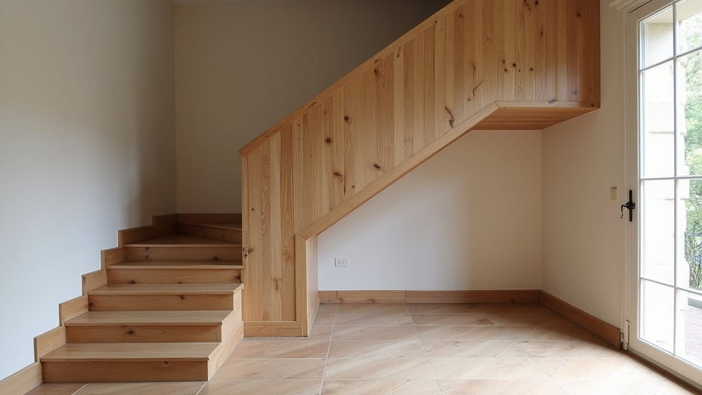 Monte-escalier droit installé dans un intérieur ancien de Carpiquet, intégré discrètement à un escalier en chêne, avec tapis et plinthes d