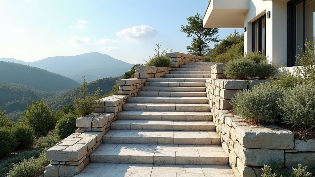 Monte-escalier extérieur installé sur un perron en pierre avec vue sur les collines de Carros