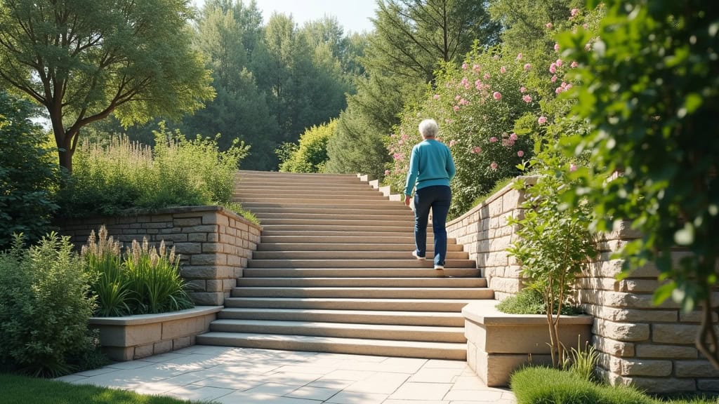 Monte-escalier extérieur à Carry-le-Rouet menant à un jardin fleuri, avec une personne âgée qui descend en toute sécurité