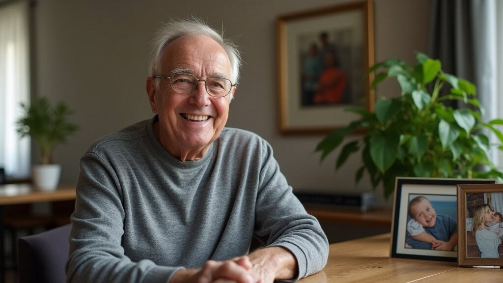 Monsieur Dubois, 78 ans, dans son salon à Cartignies, debout près de son monte-escalier plateforme, souriant, entouré de photos de famille et de plantes vertes