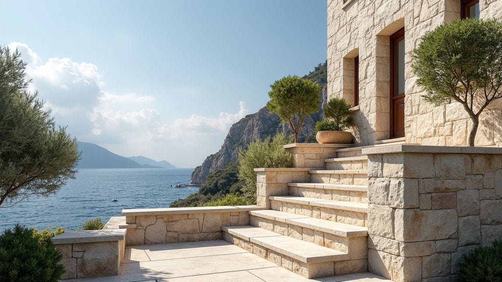 Monte-escalier droit installé sur un escalier en pierre à l’entrée d’une maison typique du port de Cassis, avec vue sur la mer