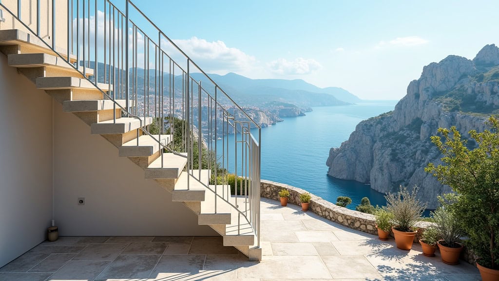 Monte-escalier extérieur en acier inoxydable installé sur des marches de pierre menant à une terrasse avec vue sur la Méditerranée à Cassis