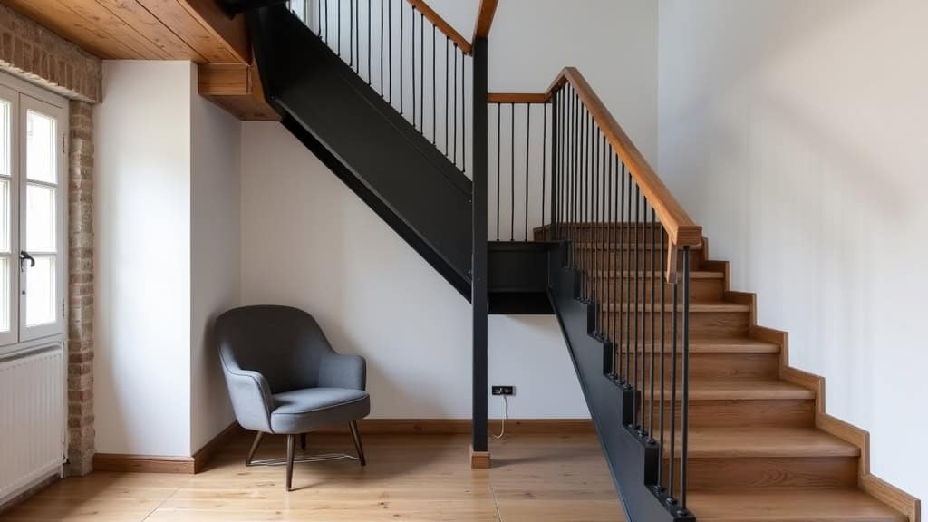 Monte-escalier courbe installé sur un escalier en bois avec virage, dans une maison traditionnelle de Cavaillon, rail noir et fauteuil gris foncé