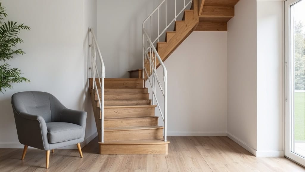 Monte-escalier droit installé sur un escalier en bois dans une maison typique de Cavaillon, avec rail blanc et fauteuil gris