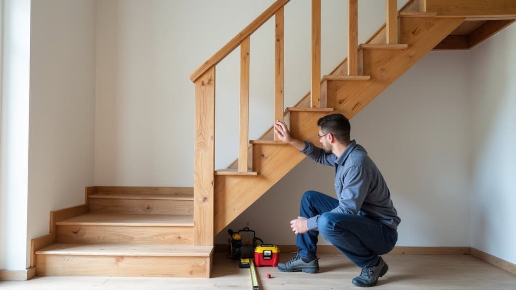 Technicien installant un monte-escalier droit sur un escalier en bois dans une maison à Caylus, avec outils de mesure et matériel de pose posé à côté