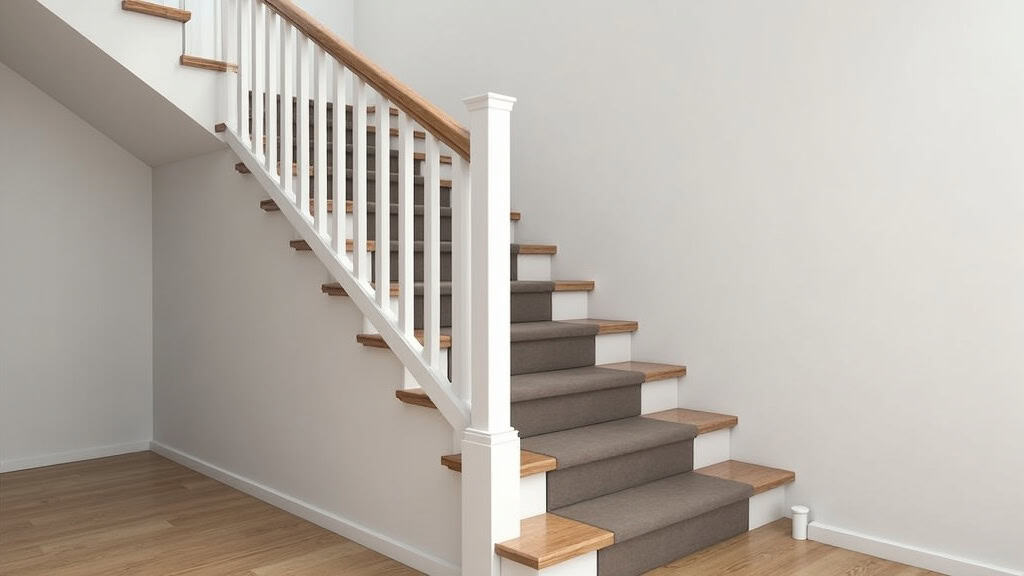 Monte-escalier droit installé sur un escalier en bois à Cercottes, avec siège en tissu gris et rail blanc
