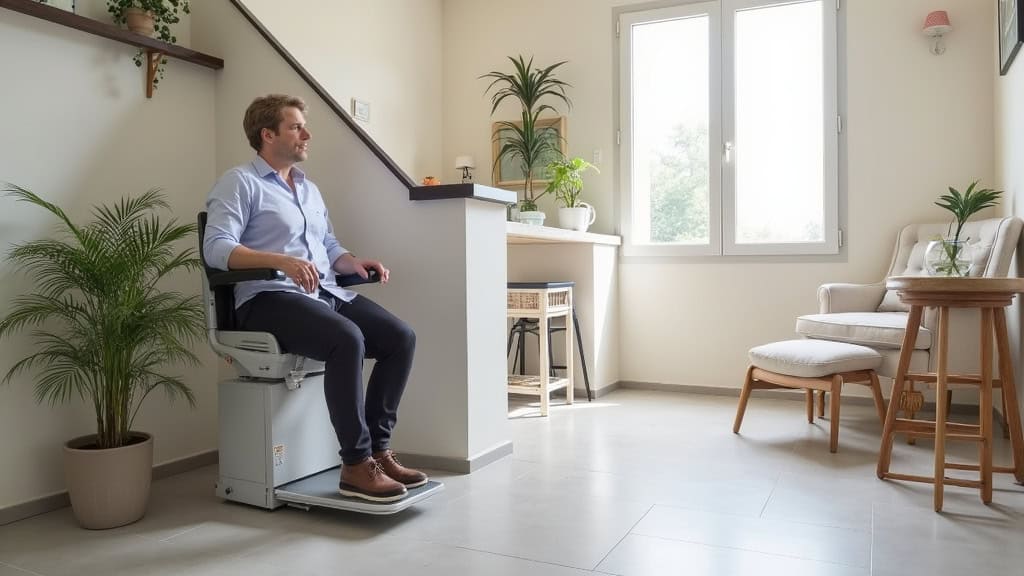 Plateforme élévatrice pour fauteuil roulant installée dans une maison de Cercottes, avec barrières latérales et commande à distance