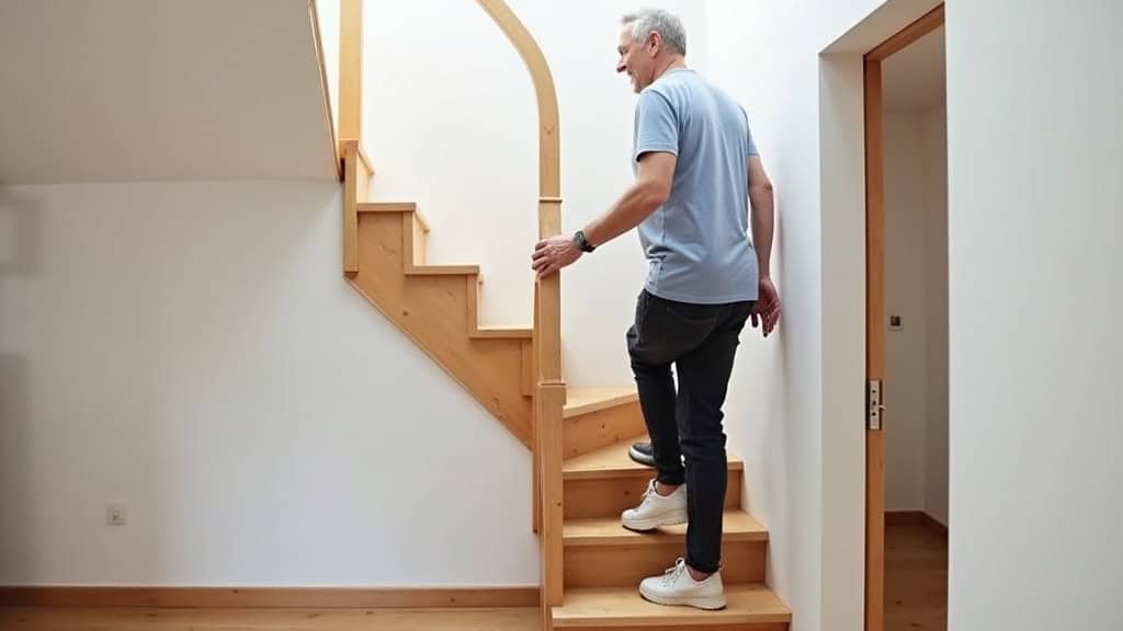 Personne âgée utilisant un monte-escalier courbe pour monter tranquillement les escaliers à domicile à Cessy