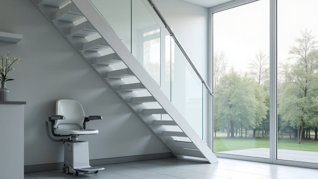 Plateforme monte-escalier avec un fauteuil roulant en cours de montée à l