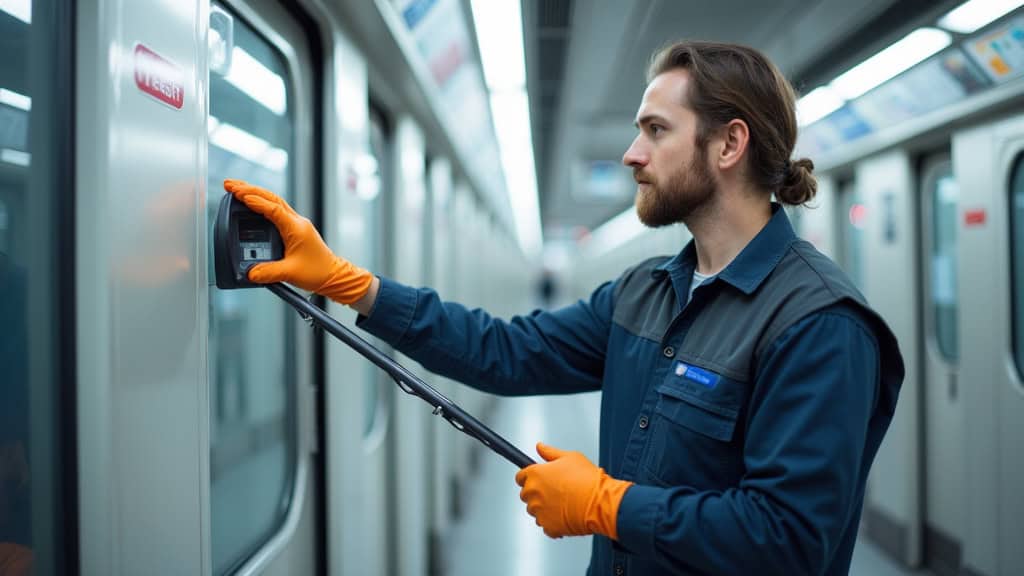 Technicien nettoyant le rail d
