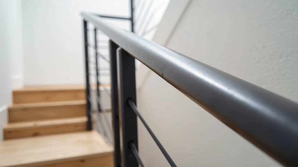 Détail du rail métallique d’un monte-escalier tournant, avec un système de rechargement intégré, installé dans une maison à Chambles