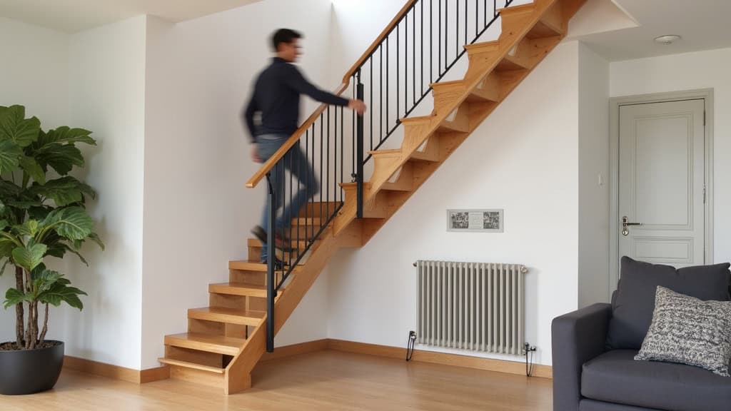 Monte-escalier droit installé sur un escalier en bois dans une maison de Chambles, avec un utilisateur en train d